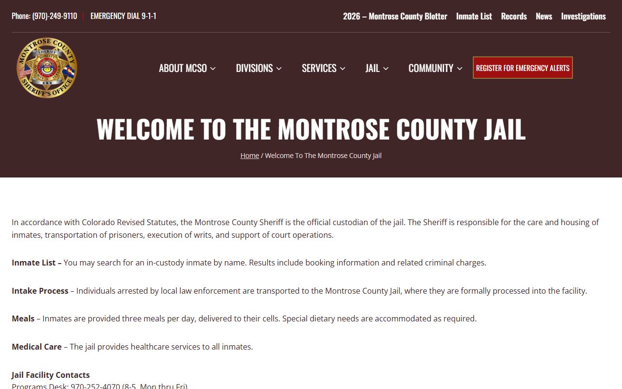 Montrose County Jail inmate lookup overview page