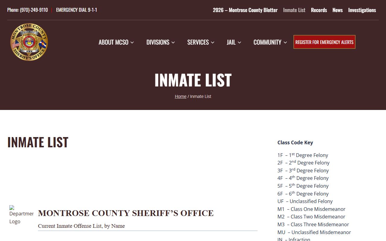 Montrose County inmate population current offense list roster