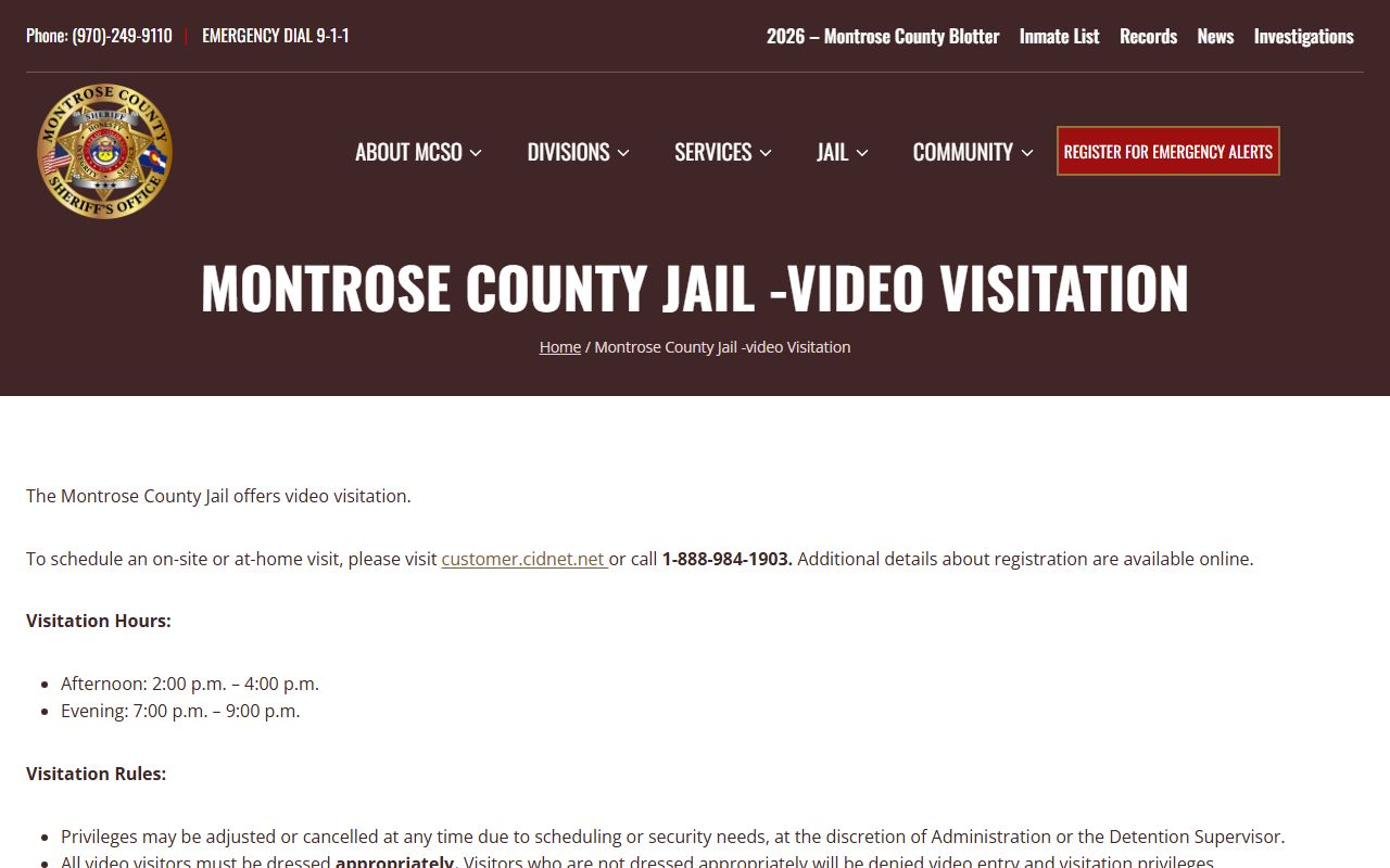 Montrose County jail inmate records video visitation schedule